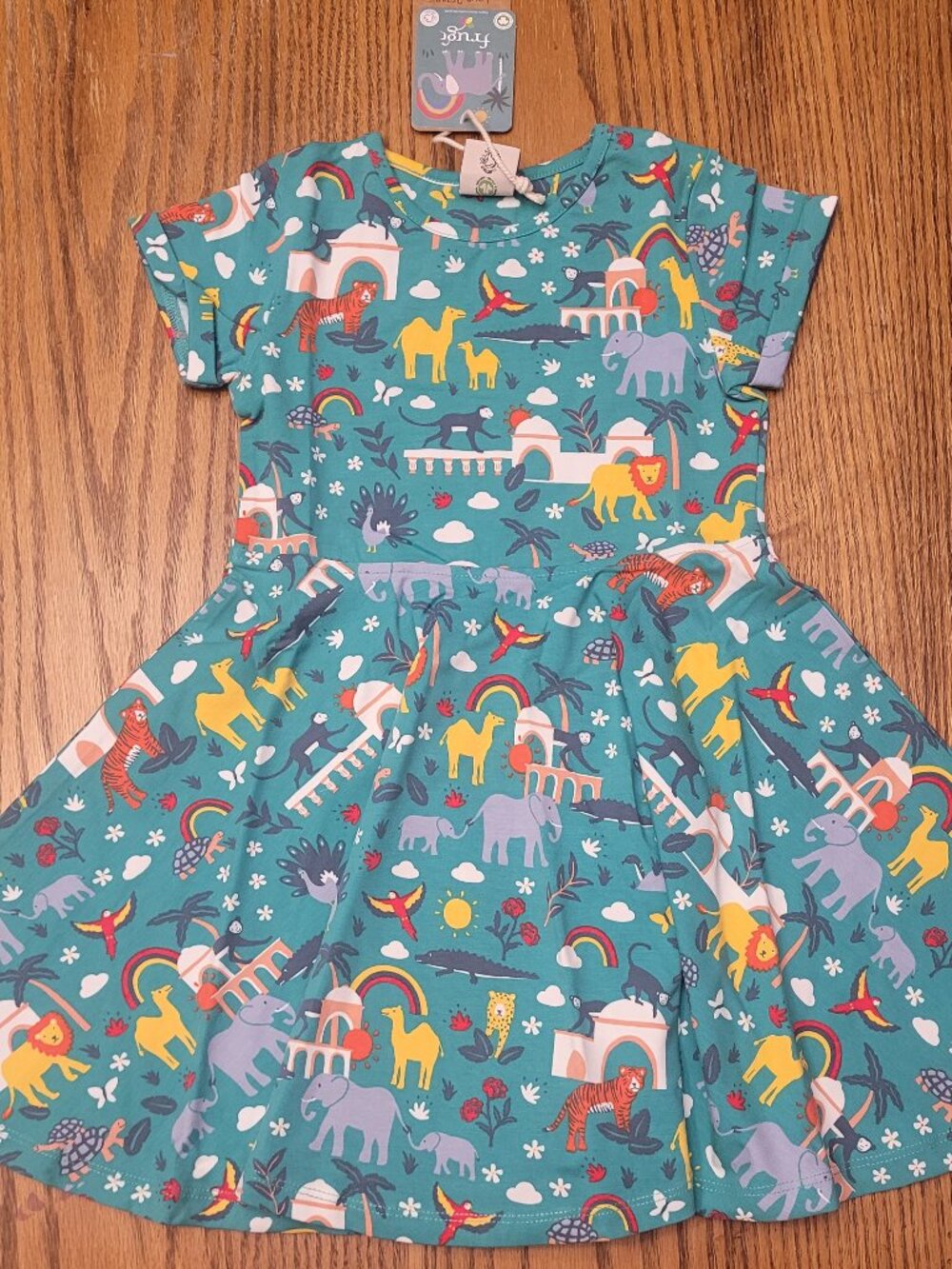 New Frugi Jewel India Skater Dress - 4-5 - Elephant Camel Tiger Lion Taj Mahal.